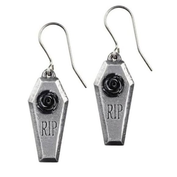 RIP Coffin Earrings – Alchemy Gothic Black Rose Drop w/ Cross & Coffin Detail - Picture 3 of 3